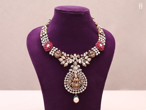 Antique Design Crystal Stone Gold Plated Silver Necklace