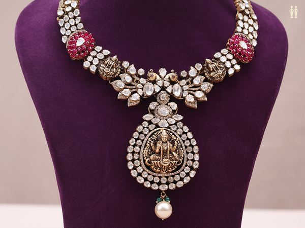 Antique Design Crystal Stone Gold Plated Silver Necklace