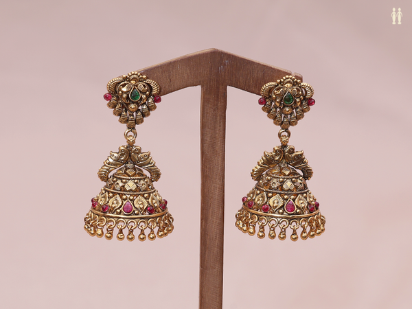 Antique Design Gold Plated Pure Silver Jhumkas