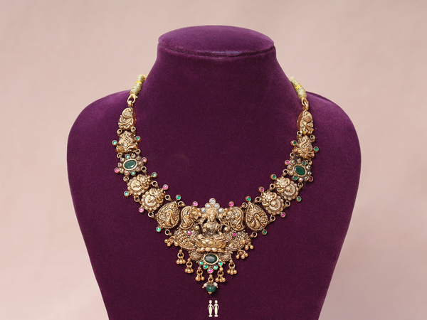 Antique Design Tri Color Stone Gold Plated Silver Necklace