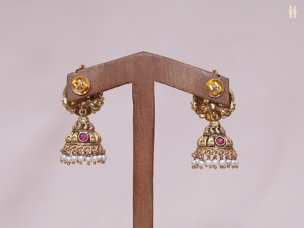 Antique Design With Beads Gold Plated Pure Silver Jhumkas