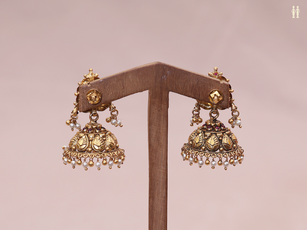 Antique Design With Beads Gold Plated Pure Silver Jhumkas