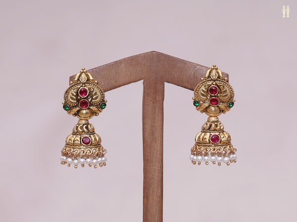 Antique Design With Beads Gold Plated Pure Silver Jhumkas