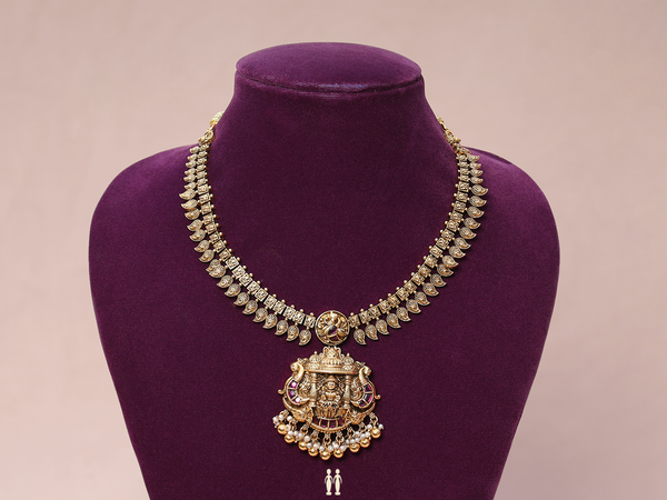 Antique Design With Beads Gold Plated Pure Silver Necklace