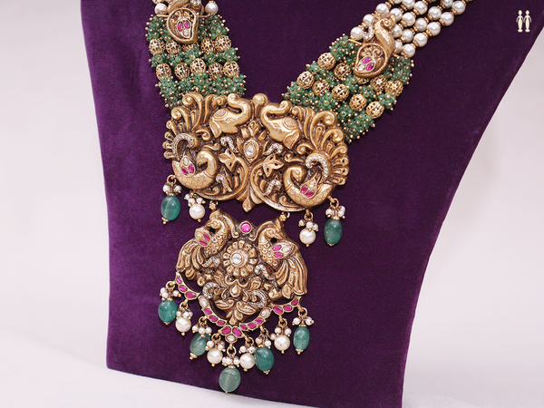 Antique Design With Beads Gold Plated Silver Long Necklace