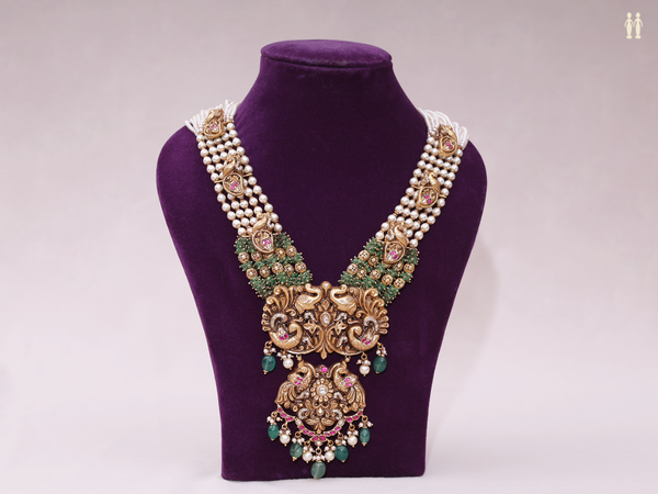 Antique Design With Beads Gold Plated Silver Long Necklace