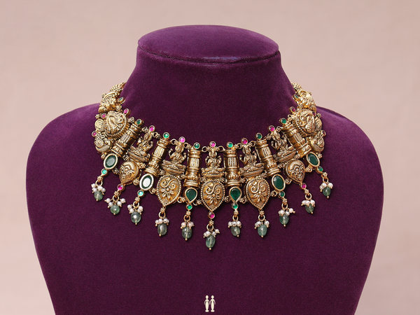 Antique Design With Beads Gold Plated Silver Necklace