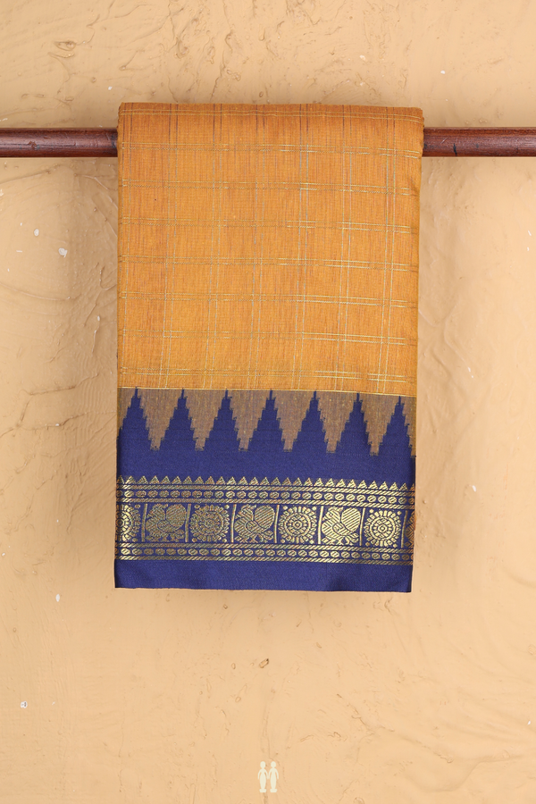 Apoorva Cotton Saree In Ochre Orange With Checks Design