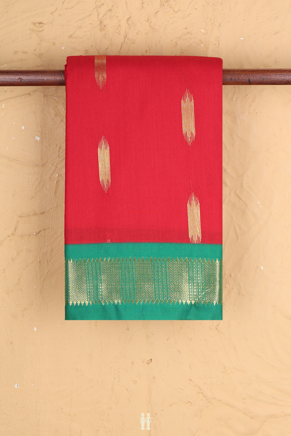 Apoorva Cotton Saree In Scarlet Red With Zari Buttas