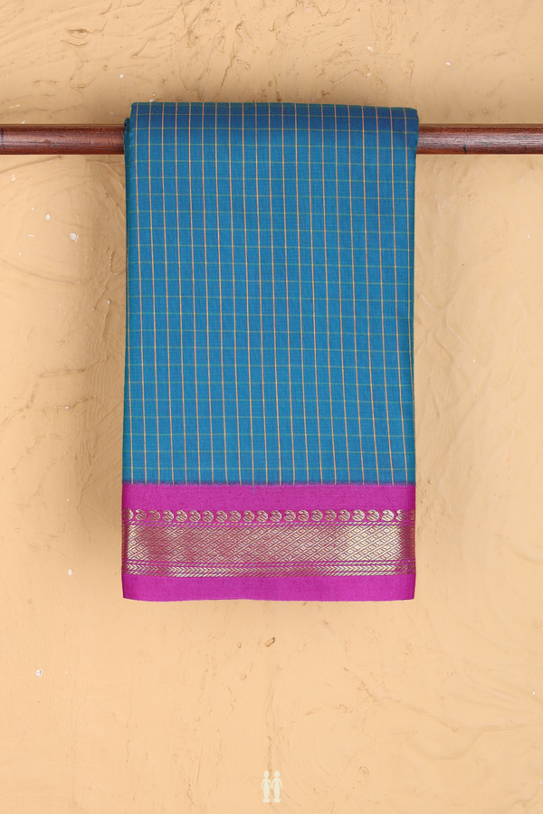 Apoorva Cotton Saree In Teal Blue With Checks Design