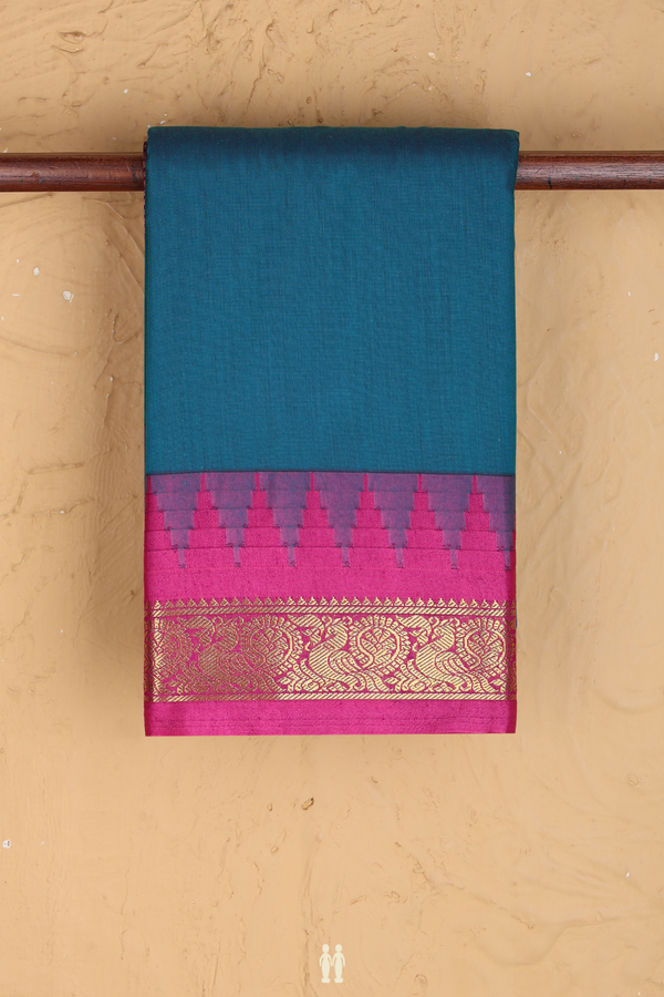 Apoorva Cotton Saree In Teal Blue With Peacock Border