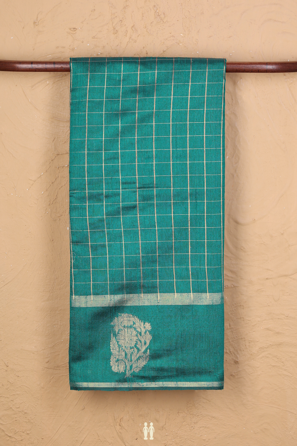 Jute Saree In Teal Green With Checks Design