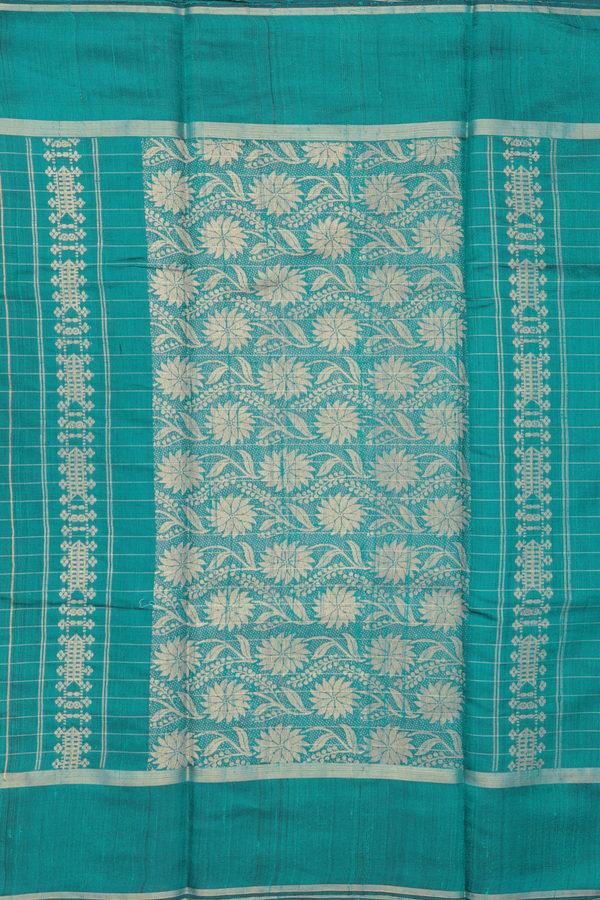 Jute Saree In Teal Green With Checks Design