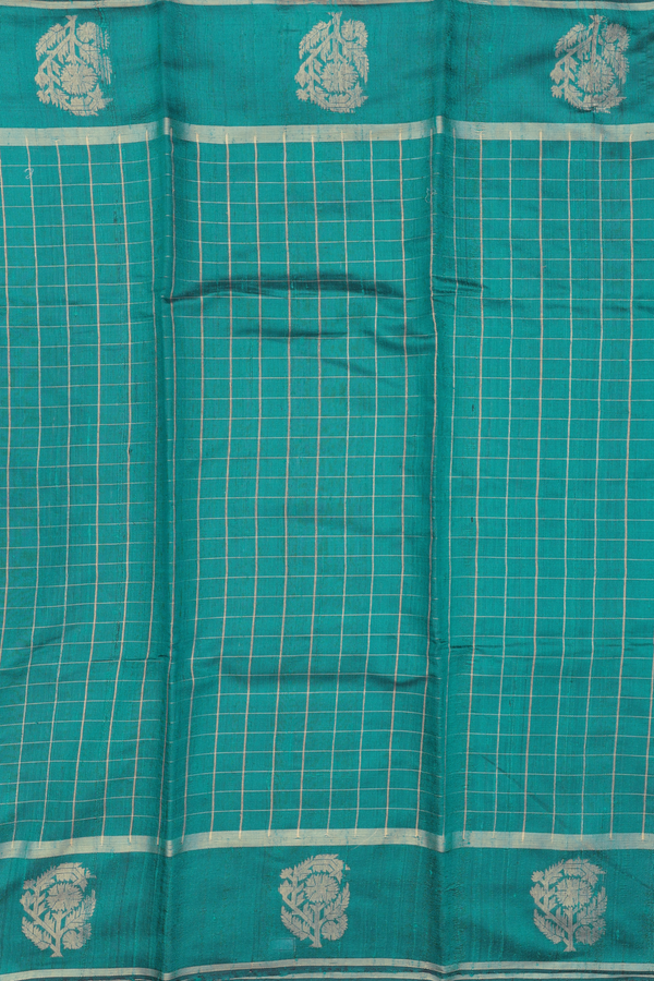 Jute Saree In Teal Green With Checks Design