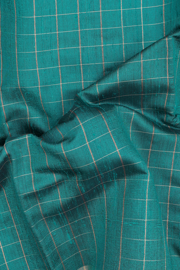 Jute Saree In Teal Green With Checks Design