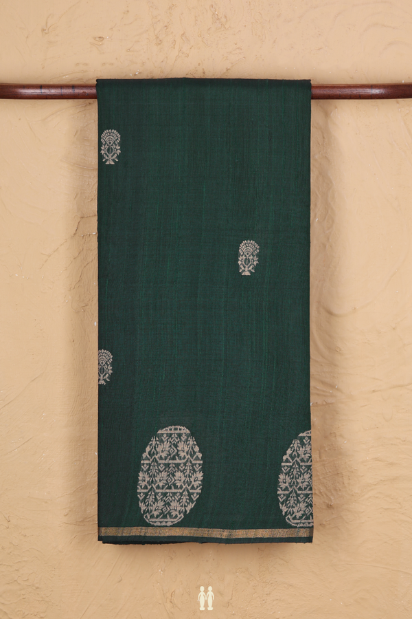 Jute Saree In Dark Green With Floral Buttas