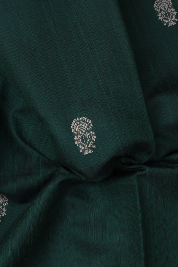 Jute Saree In Dark Green With Floral Buttas