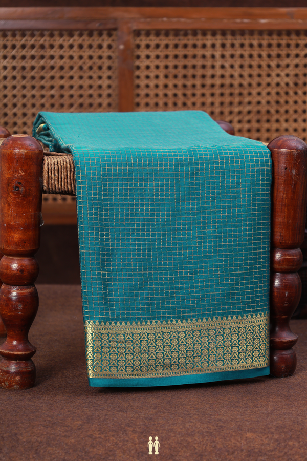 Mysore Silk Saree In Teal Blue With Checks Design