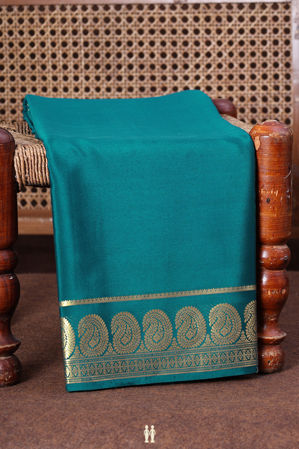 Mysore Silk Saree In Plain Teal Blue With Paisley Border