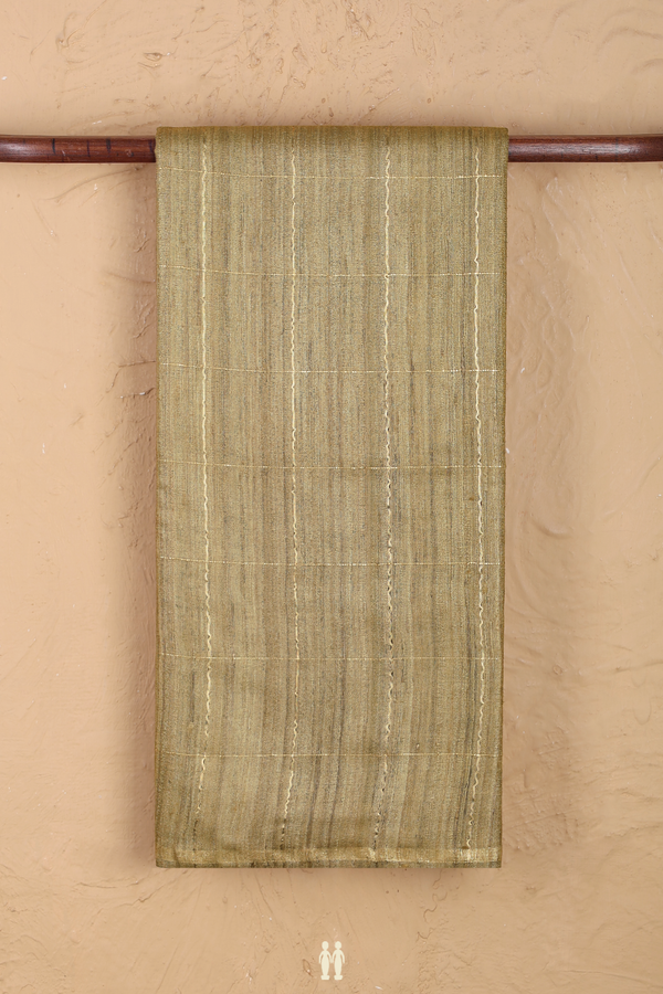 Tussar Silk Saree In Greenish Brown With Checks Design