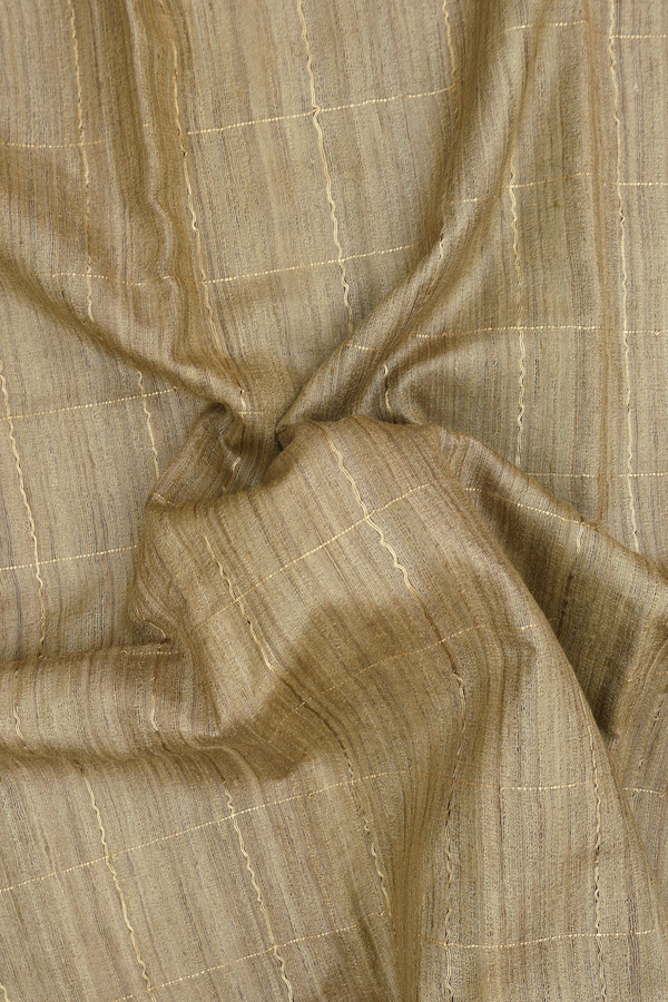 Tussar Silk Saree In Greenish Brown With Checks Design