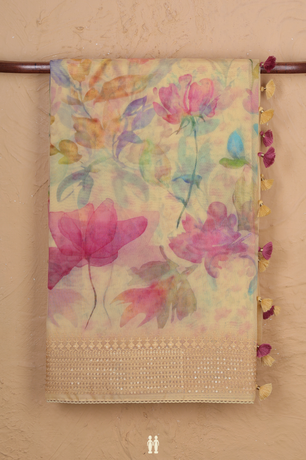 Organza Silk Saree In Yellow With Floral Printed Design