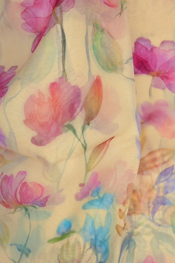 Organza Silk Saree In Yellow With Floral Printed Design