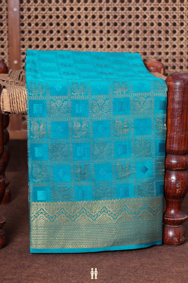 Mysore Silk Saree In Teal Blue With Checks Design