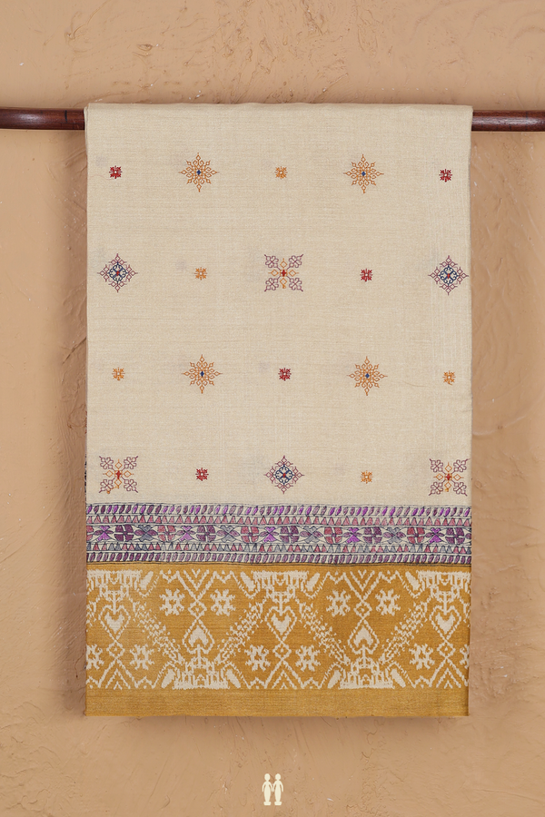 Tussar Silk Saree In Cream Color With Embroidered Design
