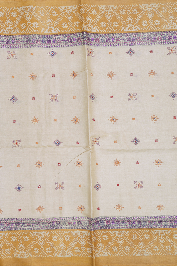 Tussar Silk Saree In Cream Color With Embroidered Design