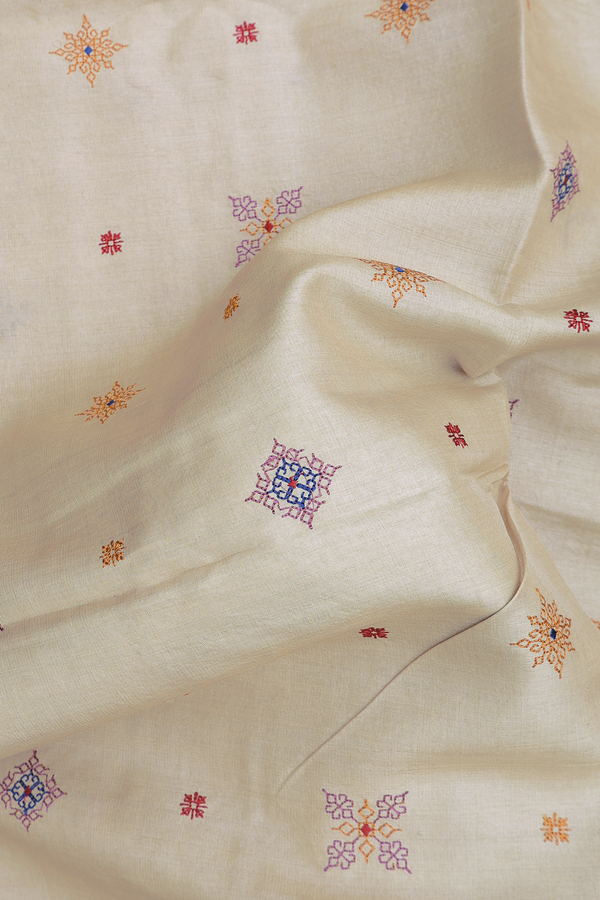 Tussar Silk Saree In Cream Color With Embroidered Design