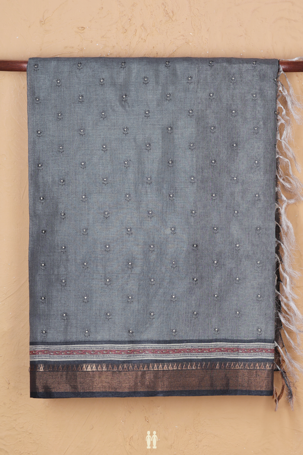 Tussar Silk Saree In Grey With Threadwork Buttas
