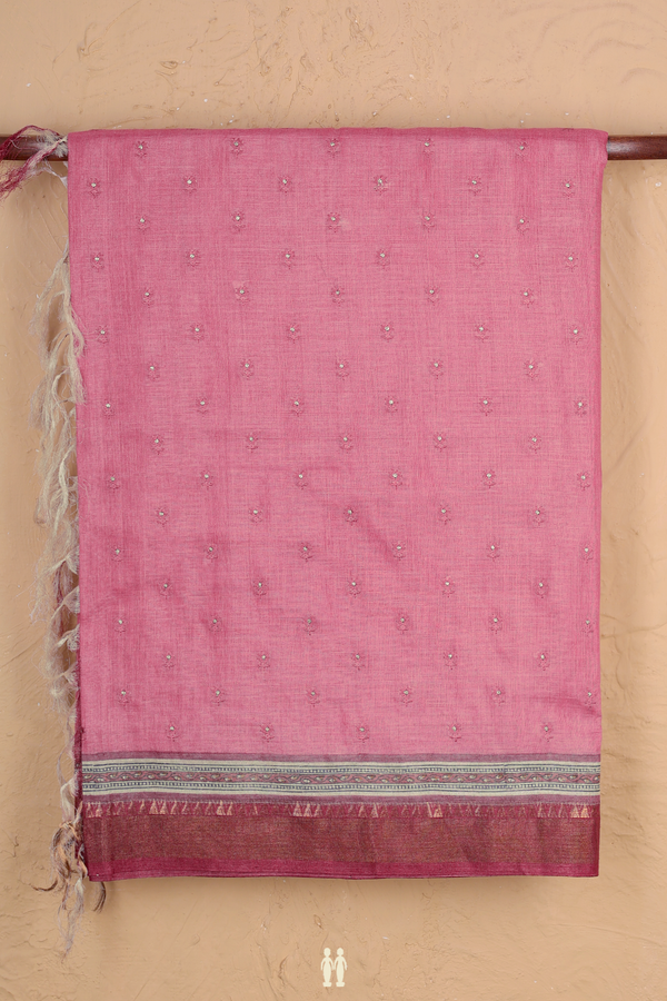 Tussar Silk Saree In Punch Pink With Floral Buttis