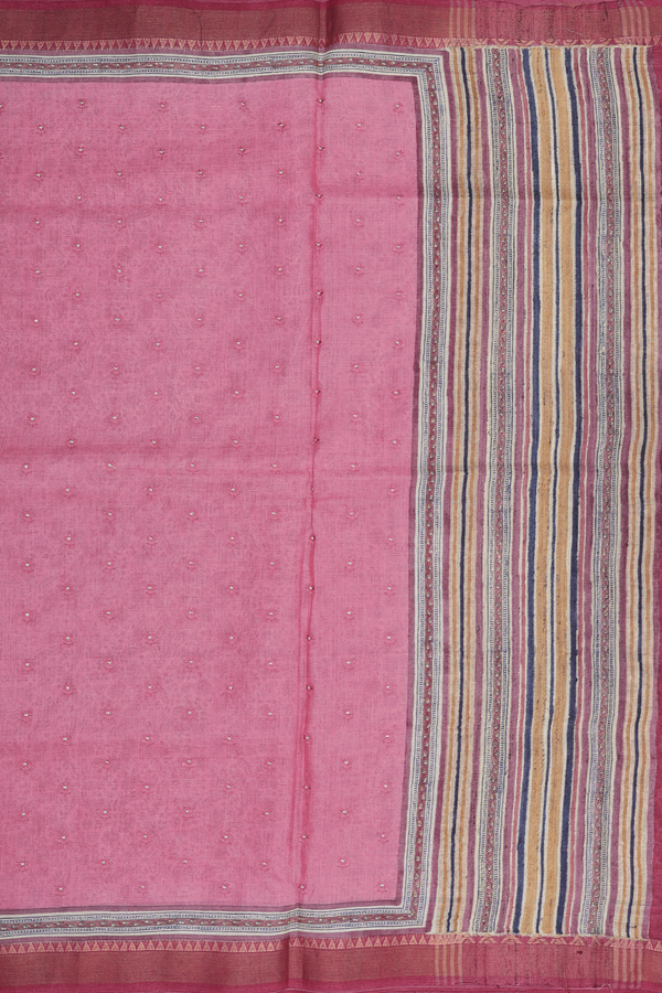 Tussar Silk Saree In Punch Pink With Floral Buttis