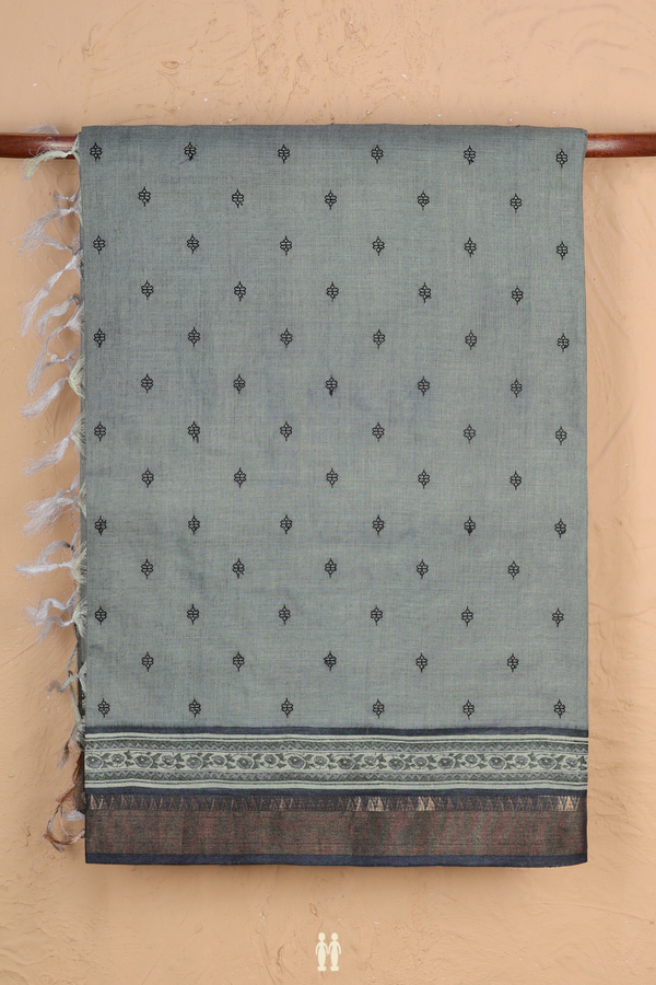 Tussar Silk Saree In Greenish Grey With Floral Buttis