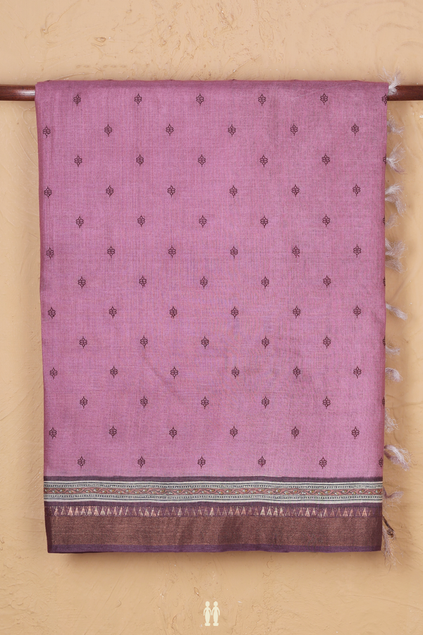 Tussar Silk Saree In Dusty Mulberry With Threadwork Buttas