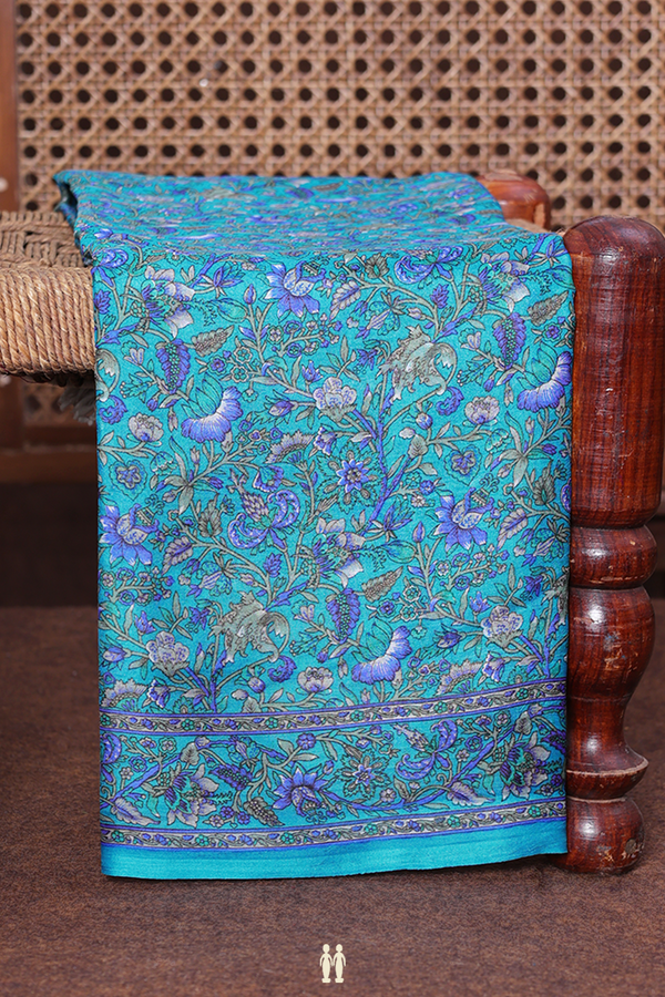 Printed Silk Saree In Cerulean Blue With Floral Design