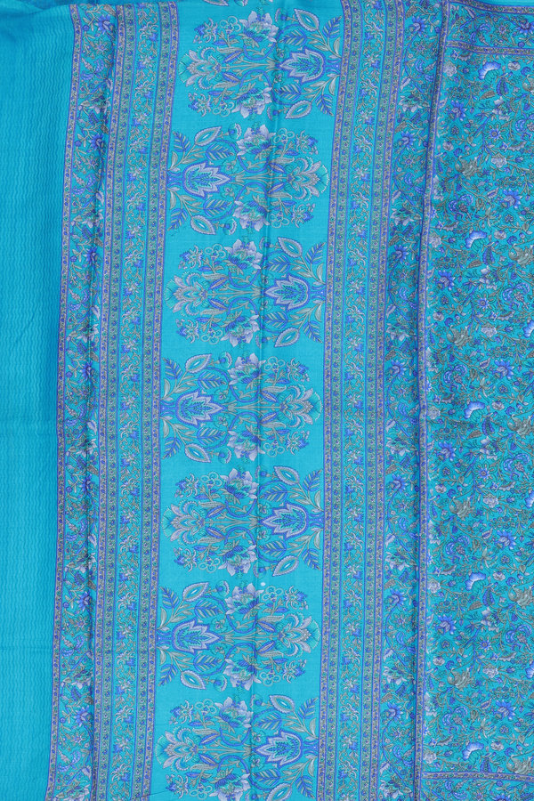 Printed Silk Saree In Cerulean Blue With Floral Design