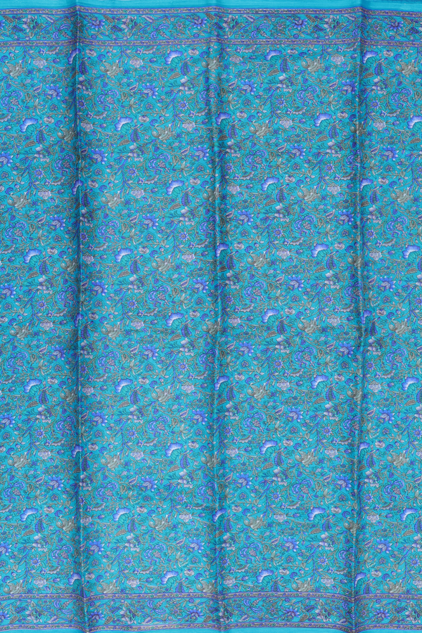 Printed Silk Saree In Cerulean Blue With Floral Design