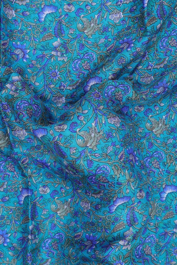 Printed Silk Saree In Cerulean Blue With Floral Design
