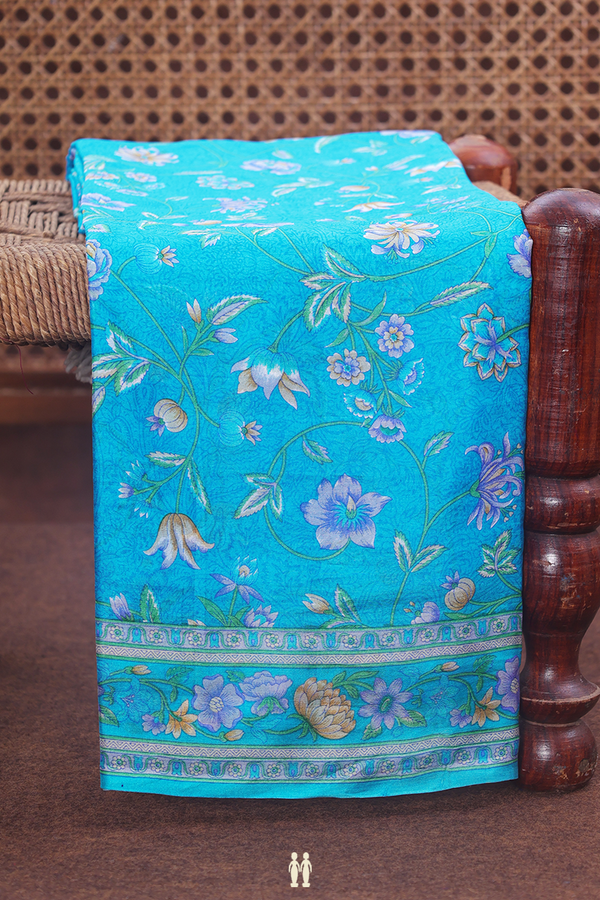 Printed Silk Saree In Cerulean Blue With Floral Design