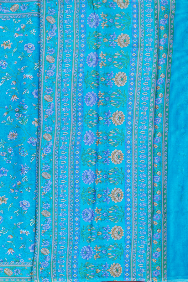 Printed Silk Saree In Cerulean Blue With Floral Design