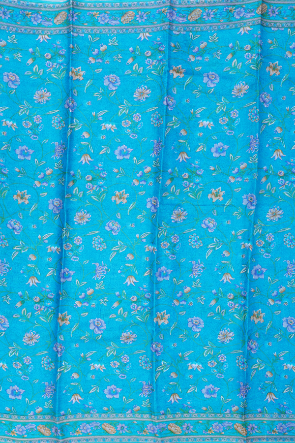Printed Silk Saree In Cerulean Blue With Floral Design
