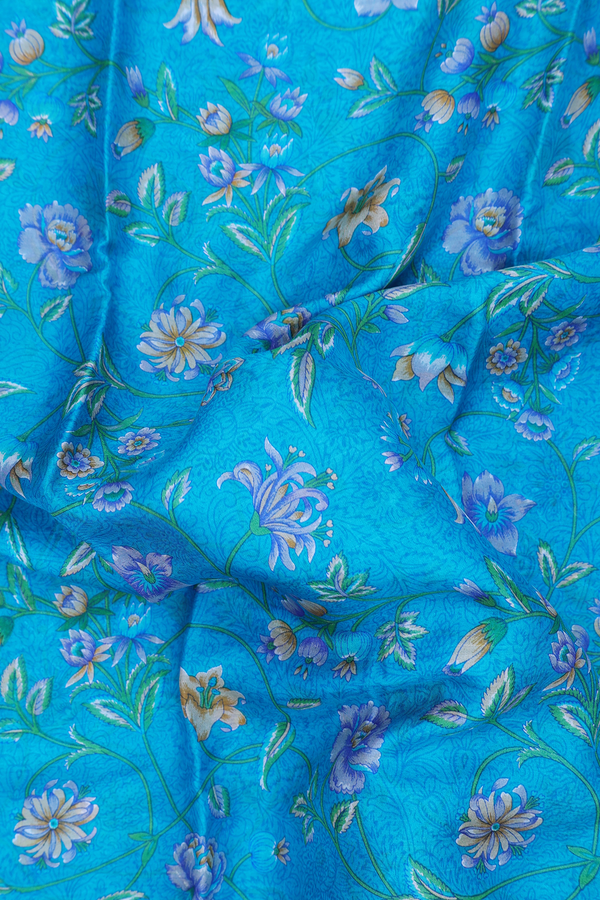 Printed Silk Saree In Cerulean Blue With Floral Design