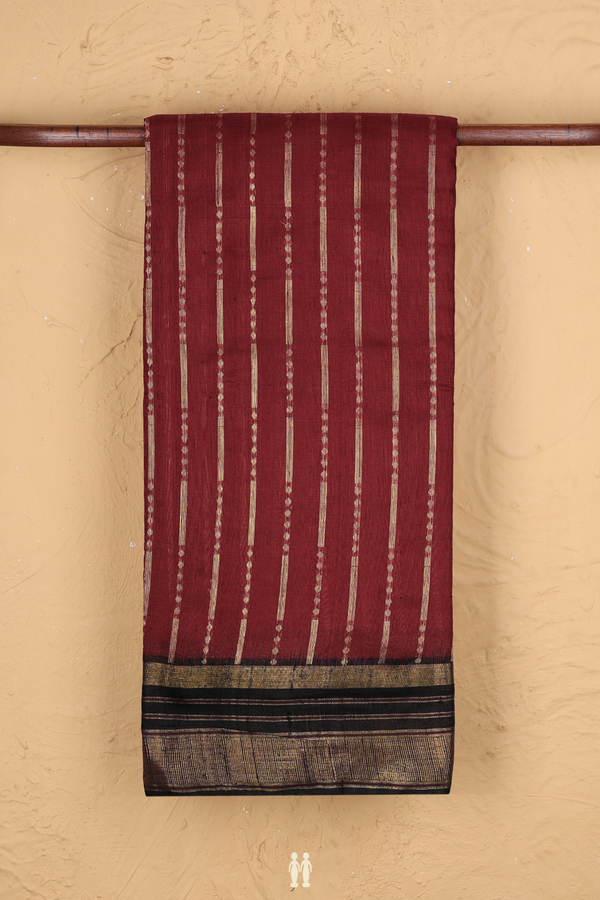 Jute Saree In Berry Red With Stripes Design
