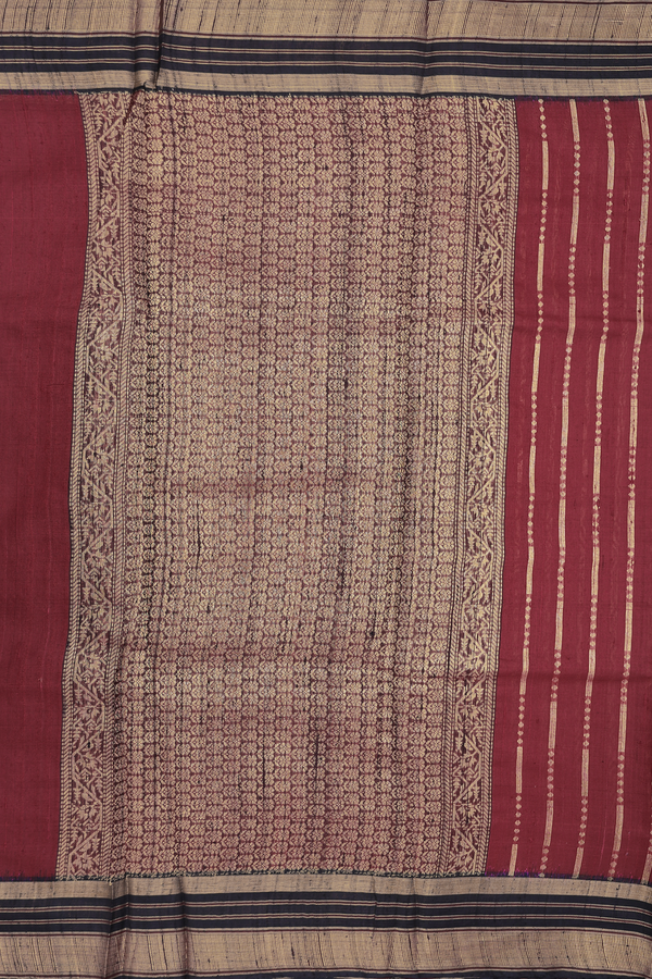 Jute Saree In Berry Red With Stripes Design