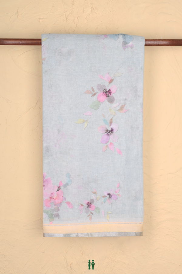 Linen Saree In Pastel Blue With Floral Printed Design