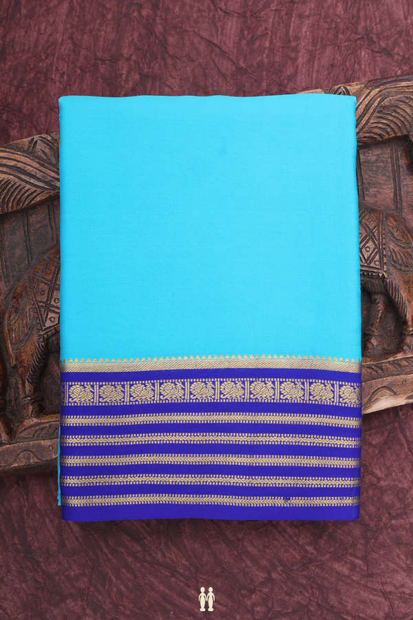 Mysore Silk Saree In Cerulean Blue With Peacock Border