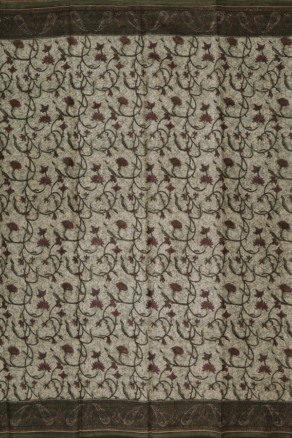 Printed Silk Saree In Beige With Floral Design