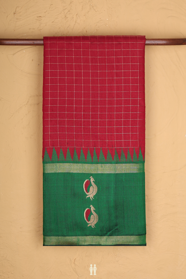 Jute Saree In Ruby Red With Checks Design